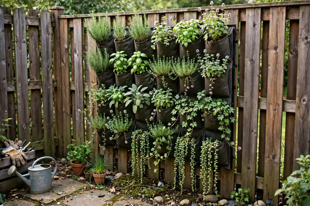 Small backyard fence with a vertical planter wall holding herbs and trailing plants.