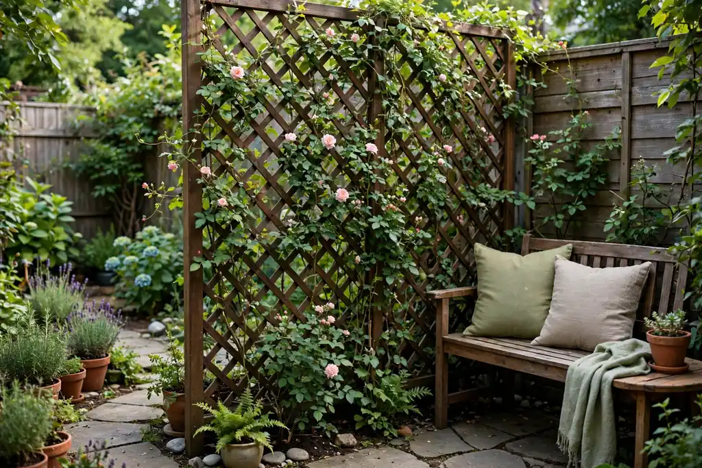 Small backyard trellis covered with climbing plants beside a seating area.