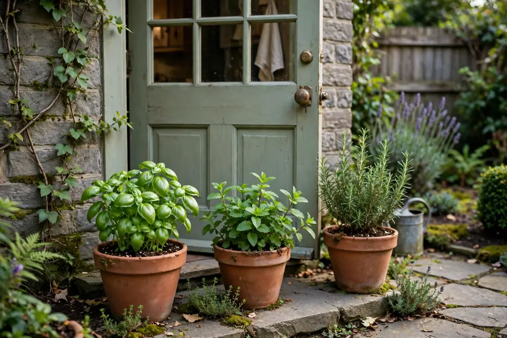 Back door of a house with herb pots holding basil, mint, and rosemary.