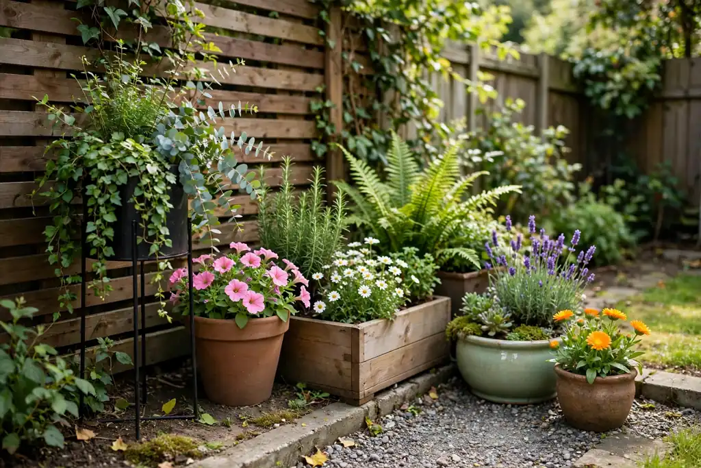 Small backyard edge with planters in mixed heights holding green plants and flowers.