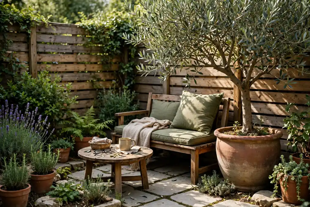 Small backyard seating corner with a small tree in a large pot providing shade.