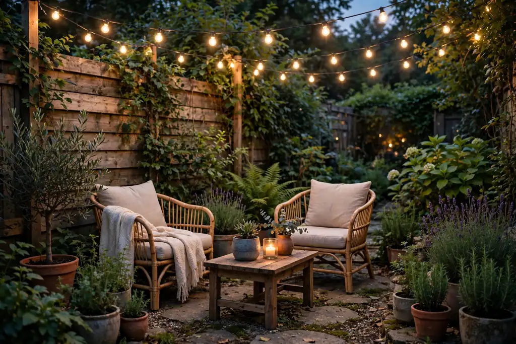 Small backyard seating area in the evening with string lights hung overhead.