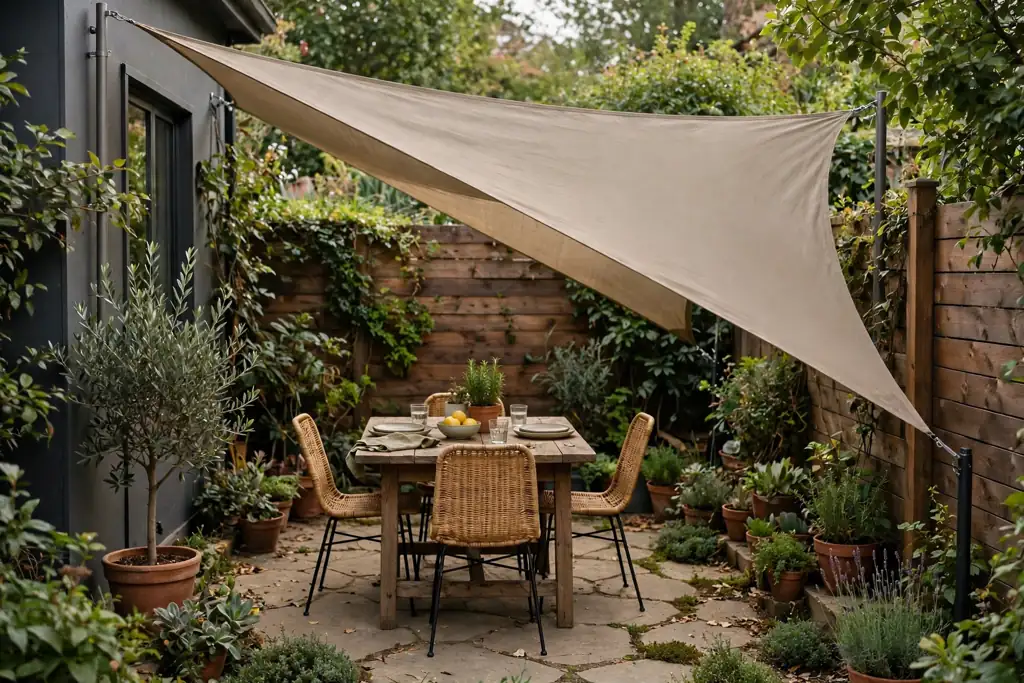 Small backyard dining spot shaded by an angled shade sail over a table and chairs.