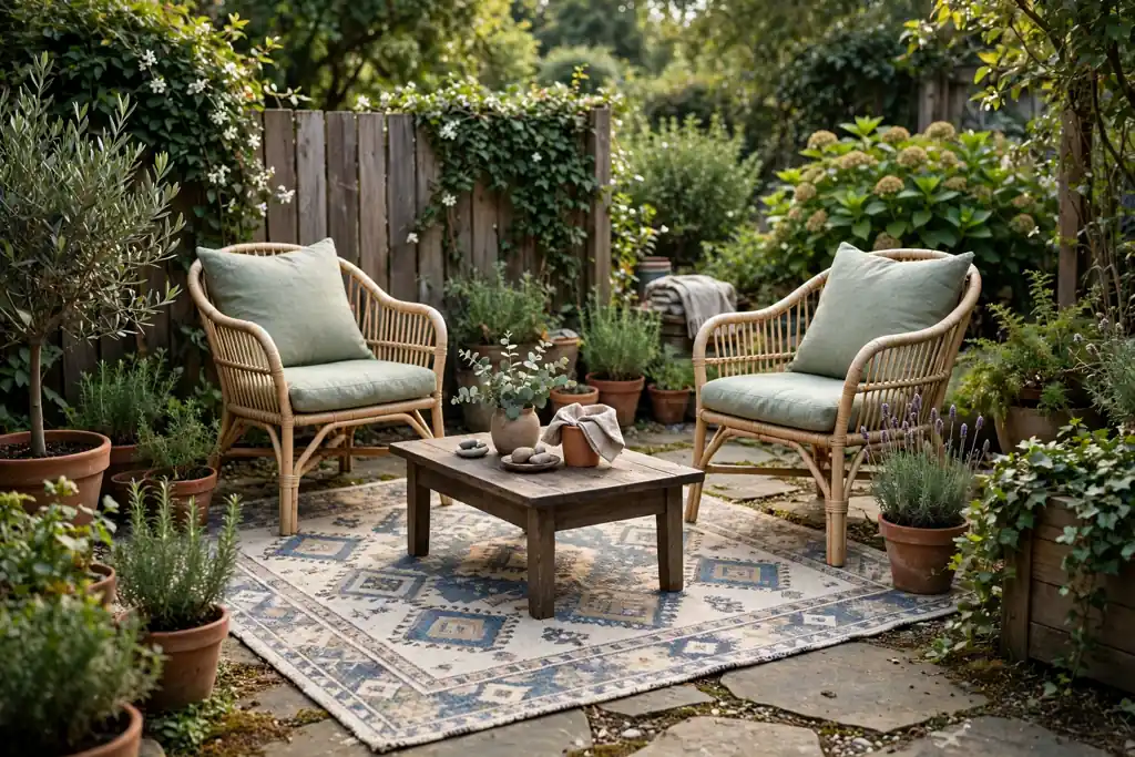 Small backyard seating area with an outdoor rug under chairs and a low table.