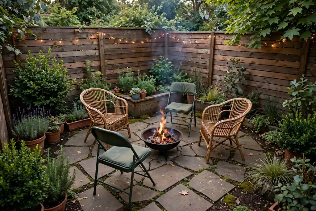 Small backyard with a compact fire bowl and chairs arranged in a small circle.