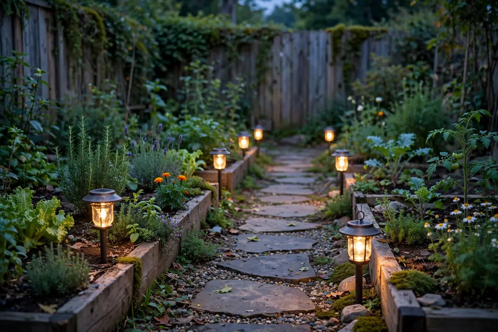 Small backyard path at dusk lined with solar lanterns beside garden beds.