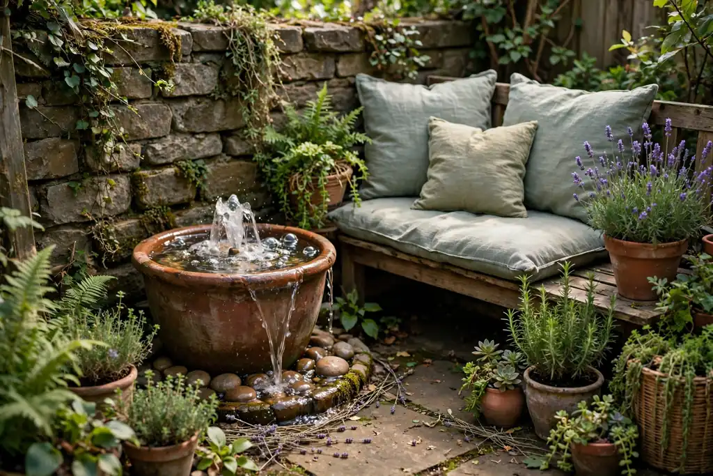 Small backyard corner with a bubbling pot fountain beside seating and planting.