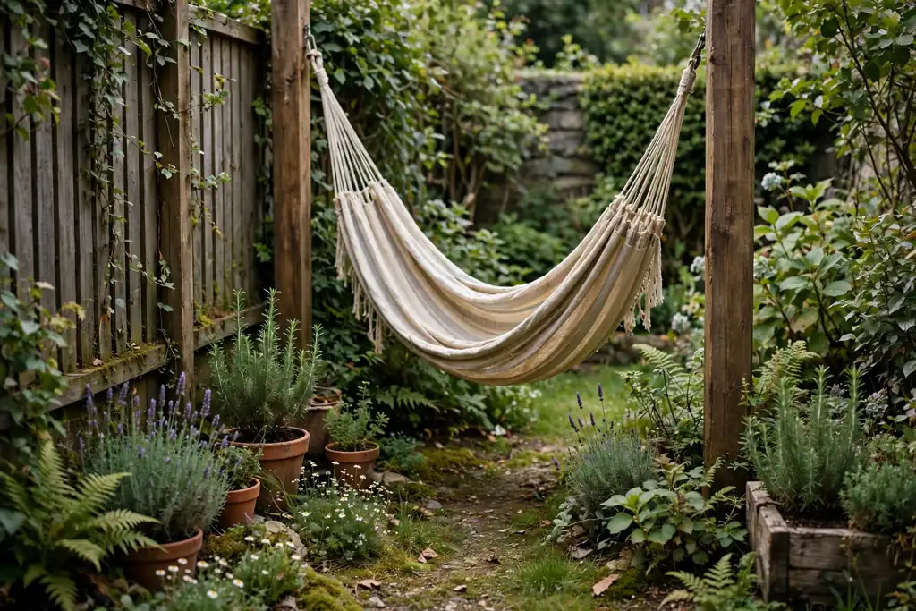 Small backyard quiet corner with a hammock hung between two posts.