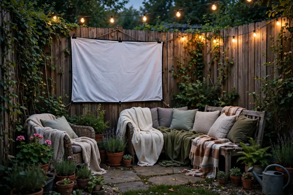 Small backyard at dusk with a movie screen hung on a fence and blankets on seating.