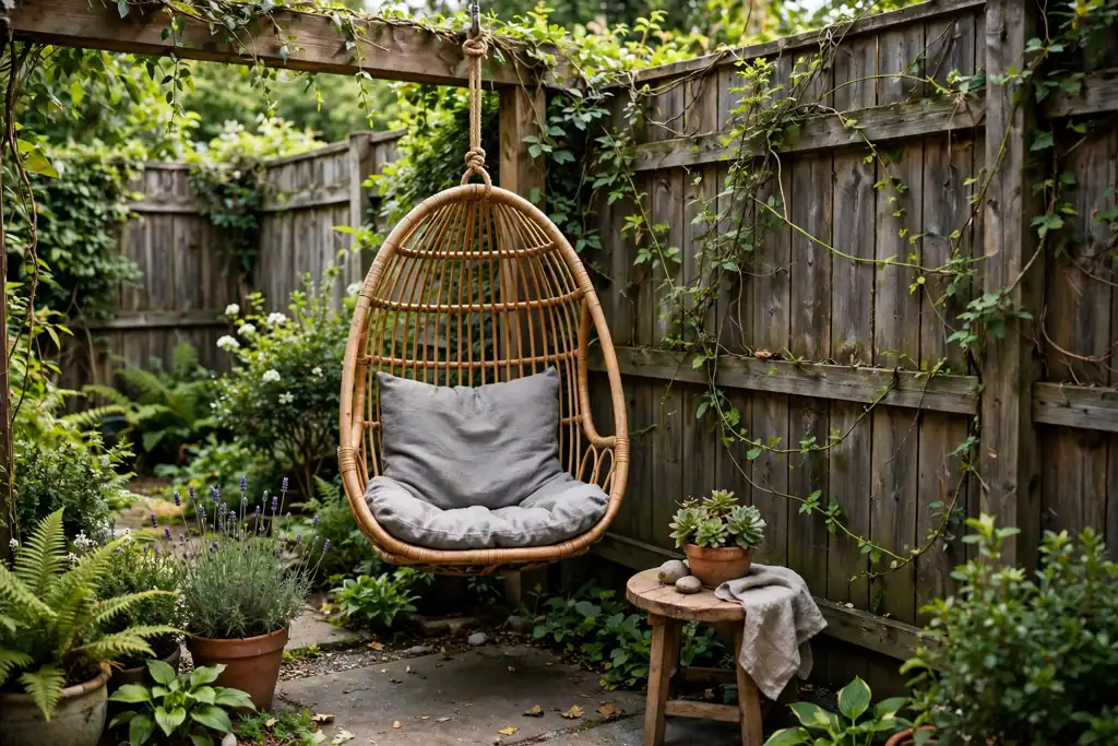 Small backyard corner with a hanging chair, cushion, and small side table.