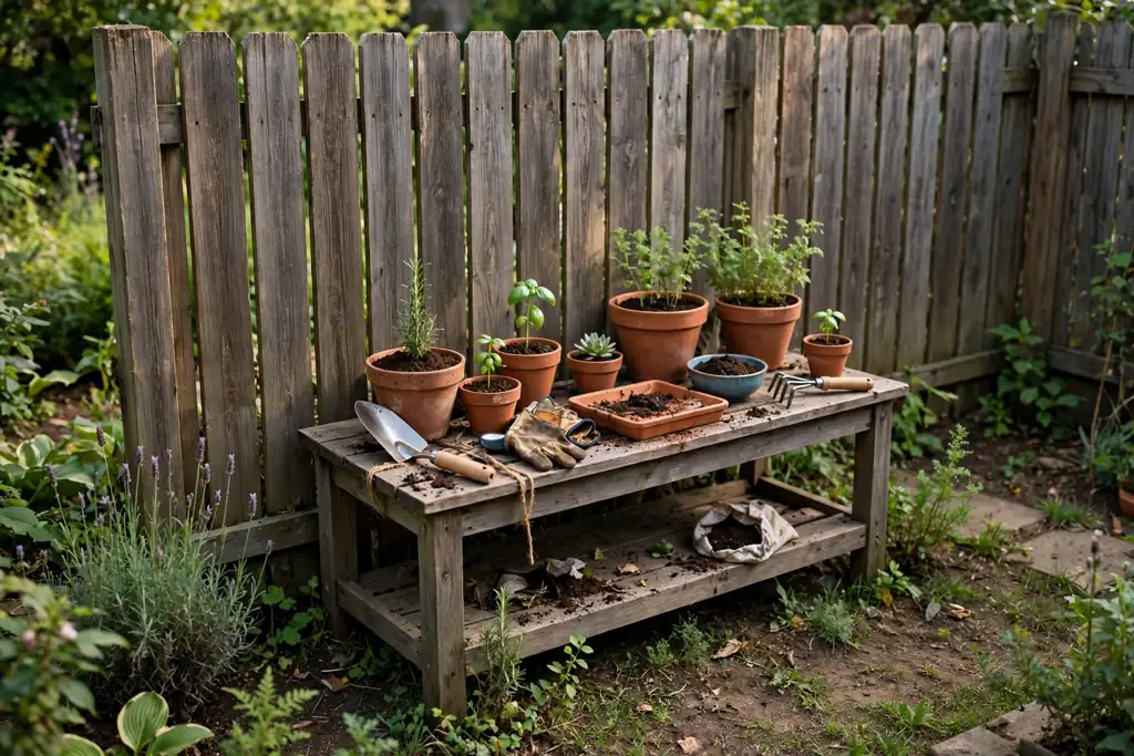 Small backyard fence with a wooden potting bench holding pots, soil, and tools.