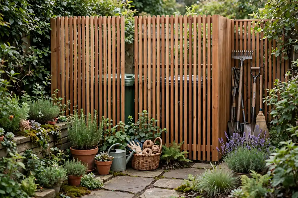 Small backyard tidy corner with a slatted screen hiding bins and garden tools.