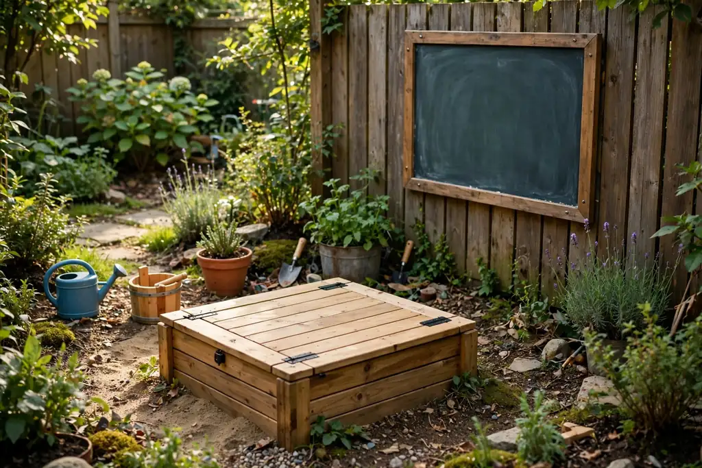 Small backyard play corner with a small sand pit with a lid and a chalk board on a fence.