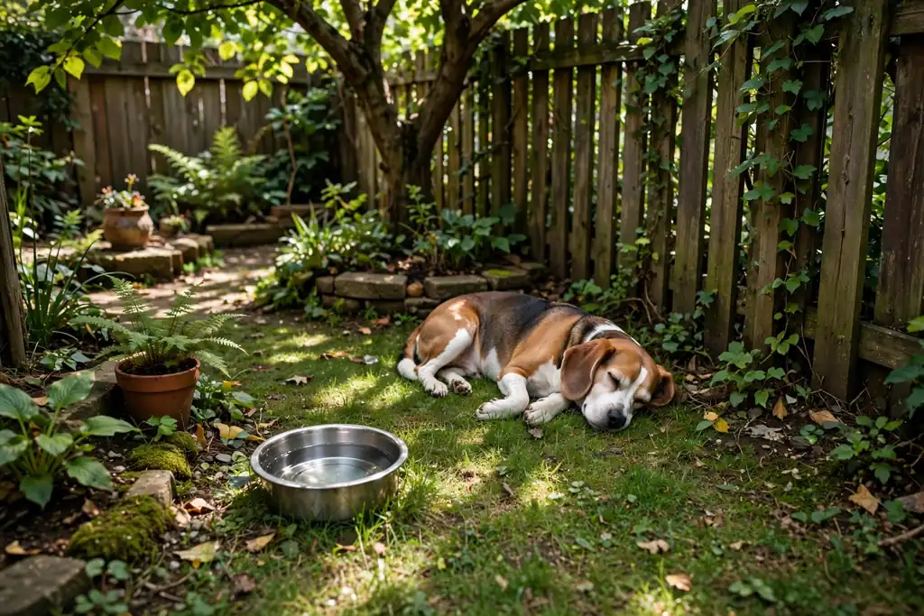 Small backyard shady pet corner with a water bowl and a dog resting on grass.