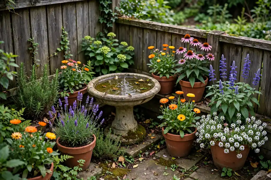Small backyard quiet corner with a bird bath and pots of flowers for pollinators.