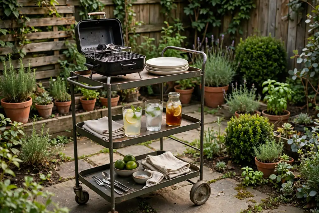 Small backyard with a rolling trolley holding a small grill, plates, and drinks.