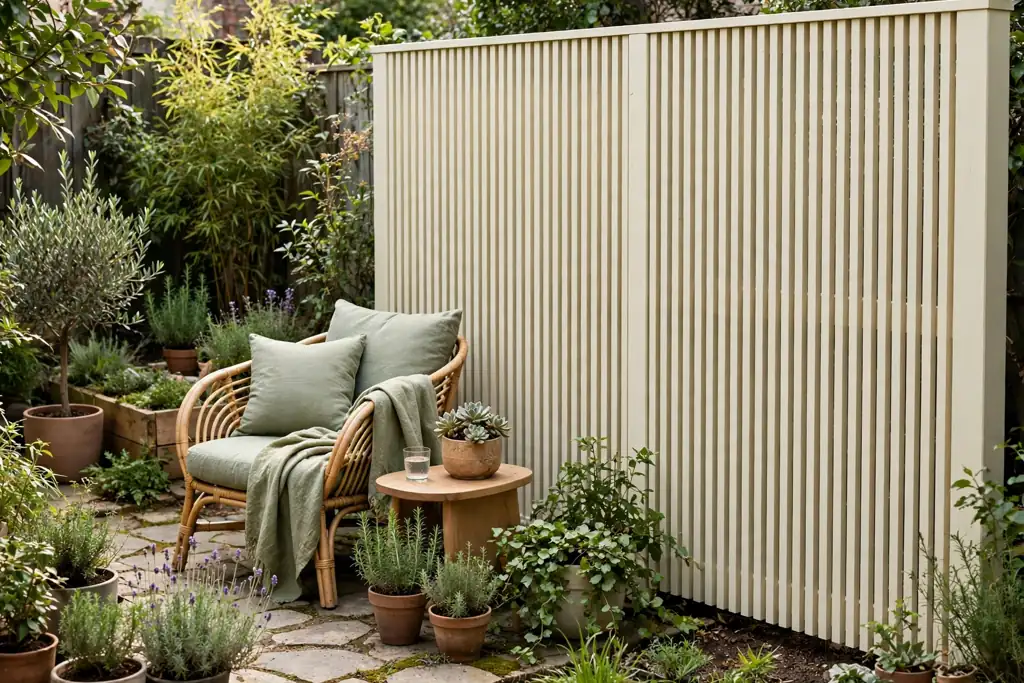 Small backyard with a painted slatted fence screen in a light color beside seating.