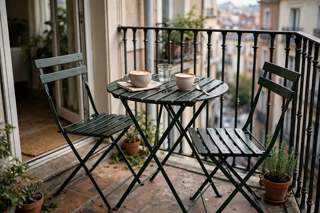 Folding bistro table and two chairs with coffee cups on a small balcony.