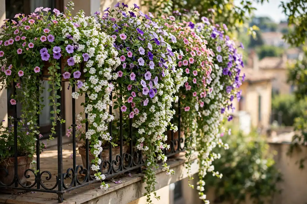 Cascading trailing flowers spilling over a small balcony railing in summer.