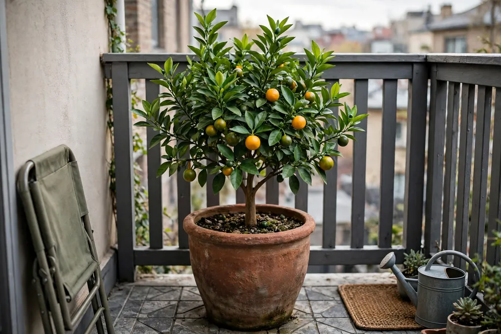 Dwarf citrus tree in a large pot as a focal plant on a small balcony.