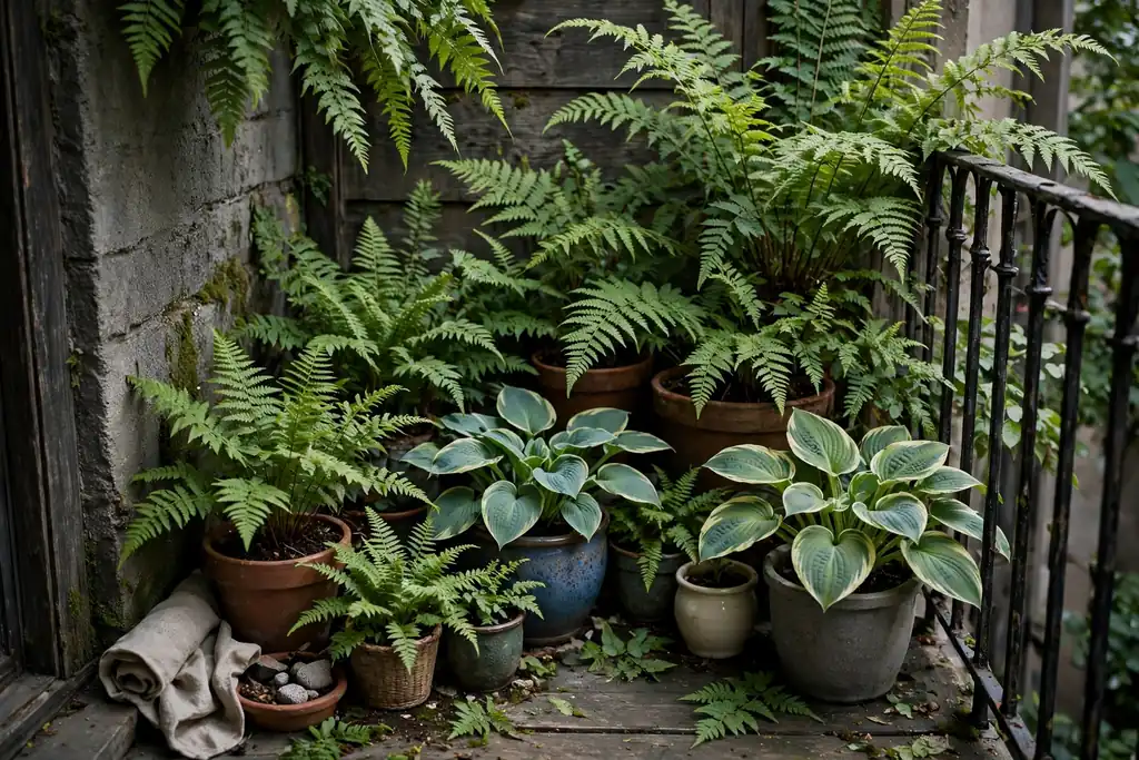 Shady fern corner with ferns and hostas in pots on a small balcony.
