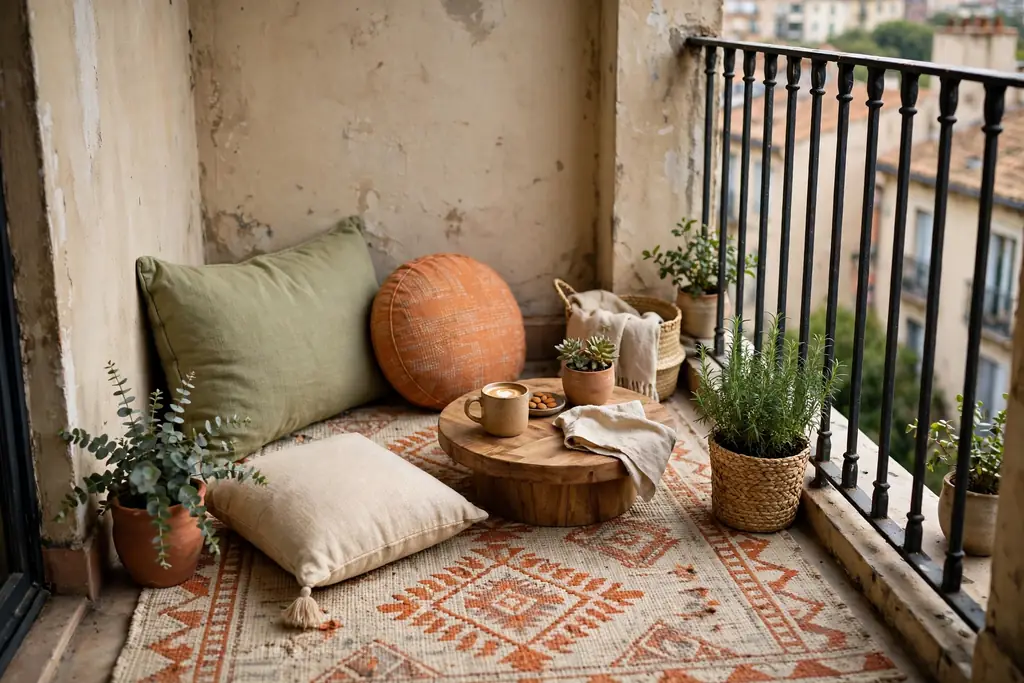 Outdoor rug with floor cushions and a low table in a small balcony corner.