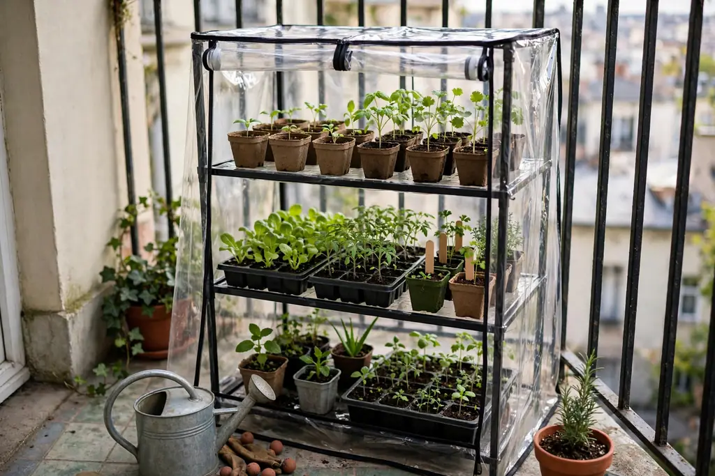 Mini greenhouse shelf with seedlings and tender plants on a small balcony.
