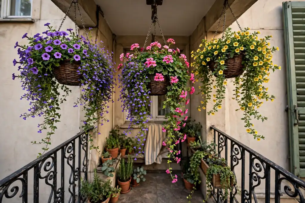 Hanging baskets with trailing flowers suspended above a small balcony.