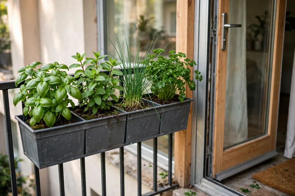 Herb rail box with basil, mint, chives, and parsley beside a balcony door.