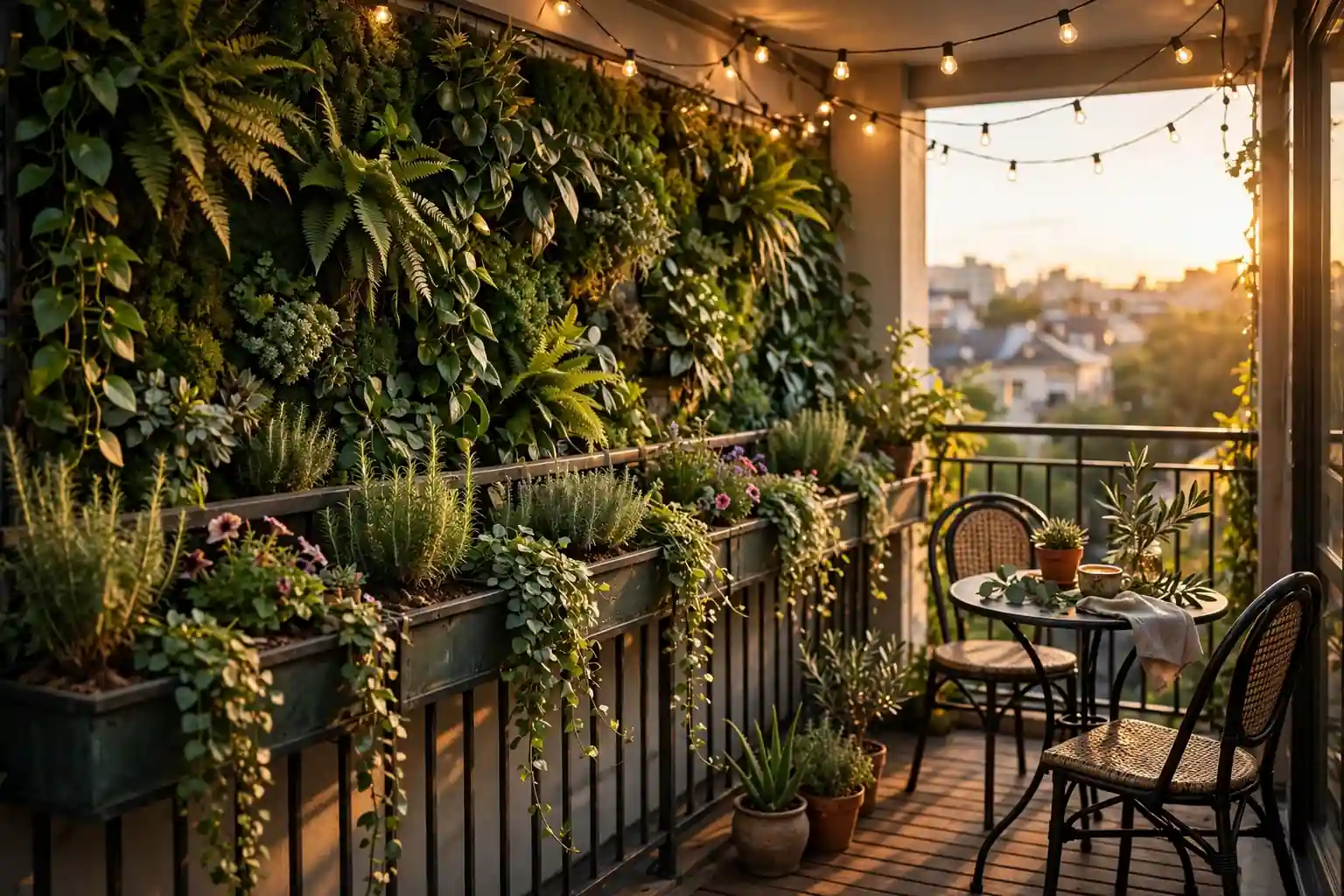 Wide small balcony garden at golden hour with railing planters, a living wall, a bistro set, and string lights.