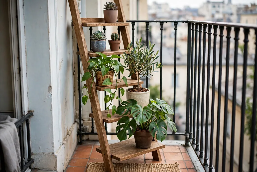 Tiered ladder shelf with potted plants of different sizes on a small balcony.