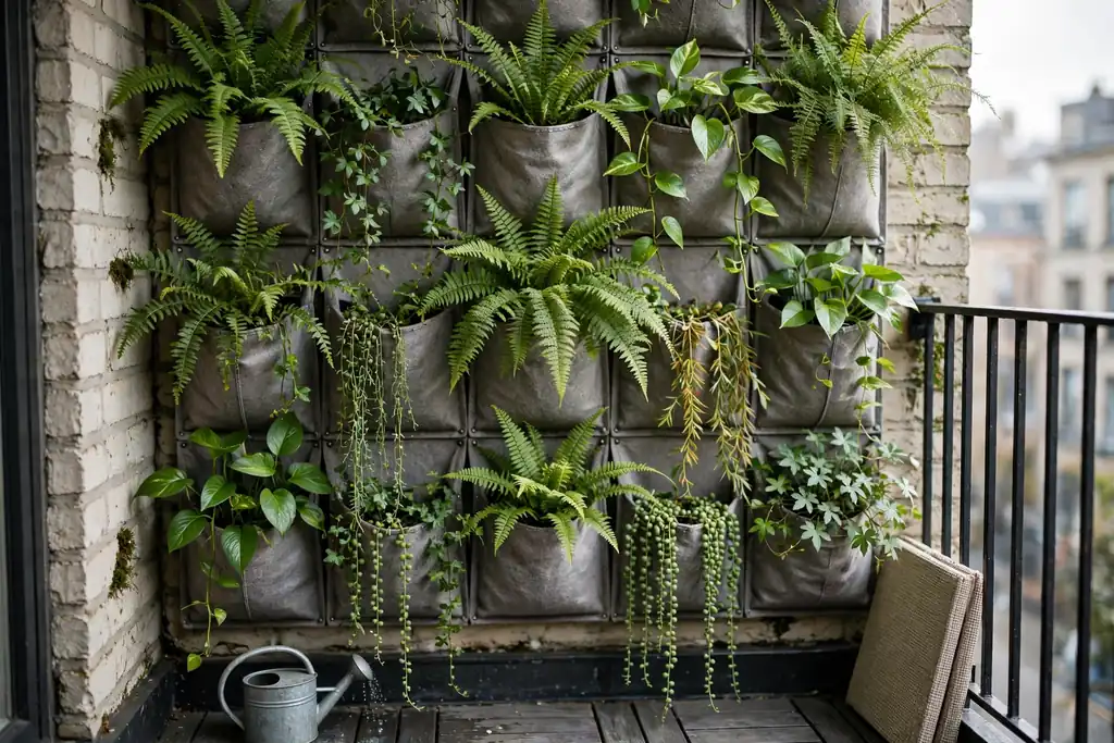 Living wall pocket planters with ferns and trailing plants on a small balcony wall.