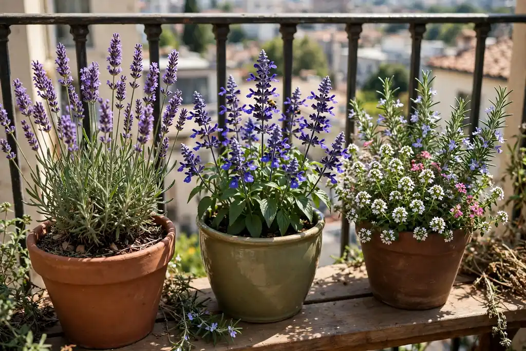 Pollinator pots with lavender, salvia, and flowering herbs in sun on a balcony.