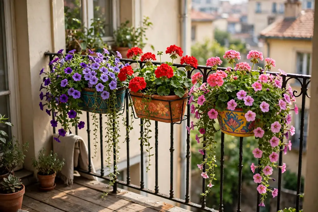 Colorful railing planters with trailing petunias and geraniums on a small balcony.