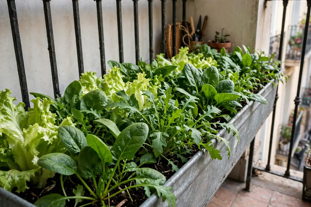 Long salad trough with lettuce, rocket, and spinach leaves on a small balcony.