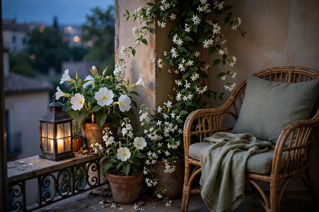 Scented evening corner with jasmine and night flowers beside a balcony seat and lantern.