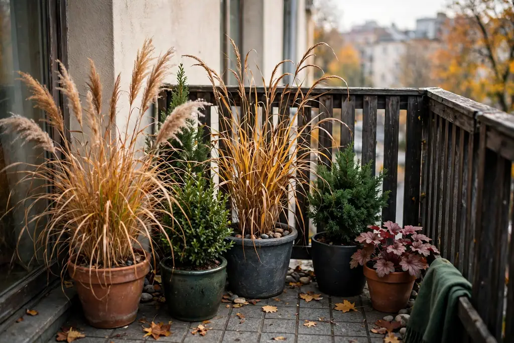 Seasonal pots with autumn grasses and evergreen shrubs on a small balcony.