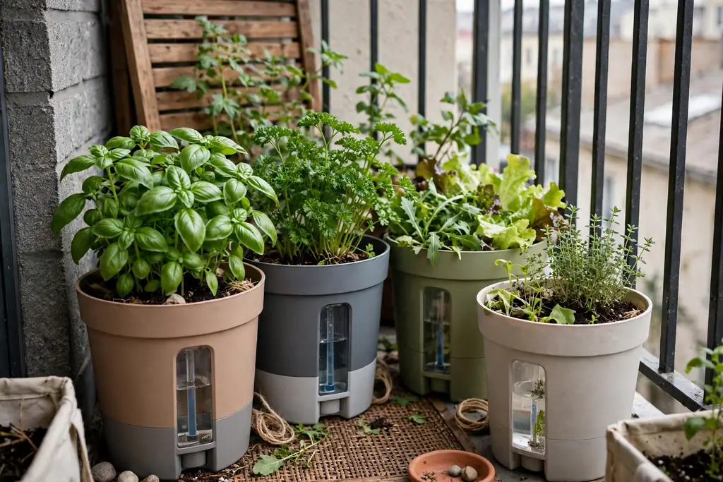 Self-watering pots with herbs and salad leaves on a small balcony.