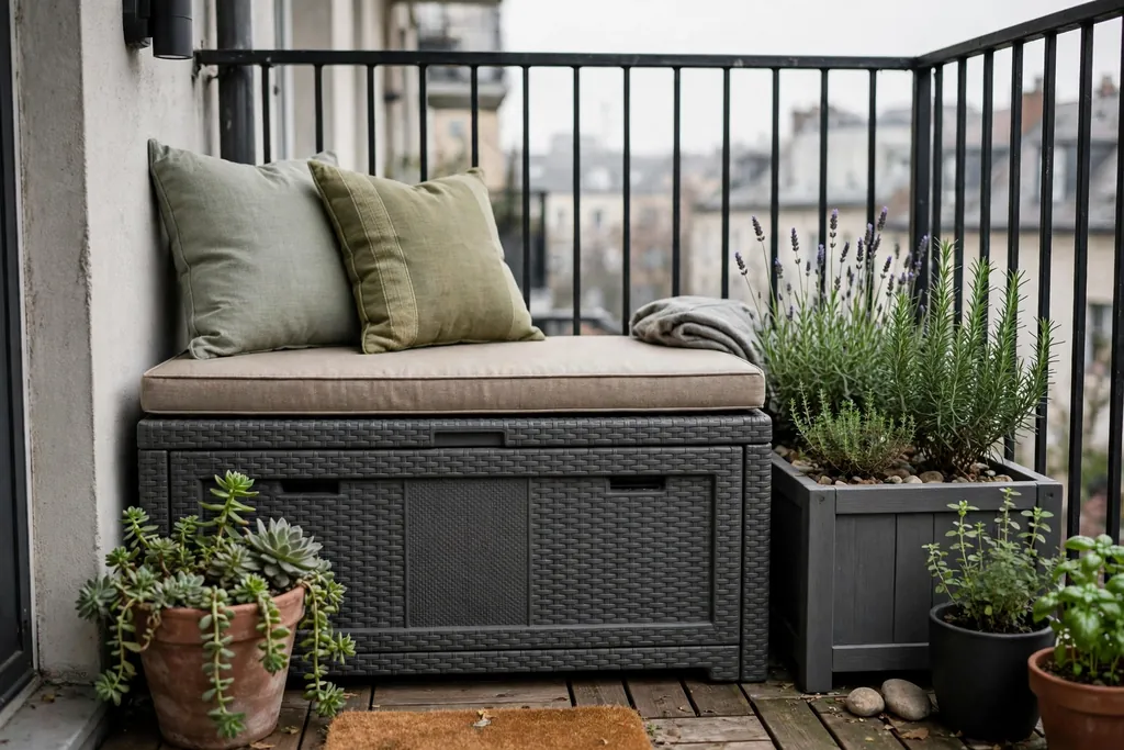 Weatherproof storage bench with cushions and planters on a small balcony.