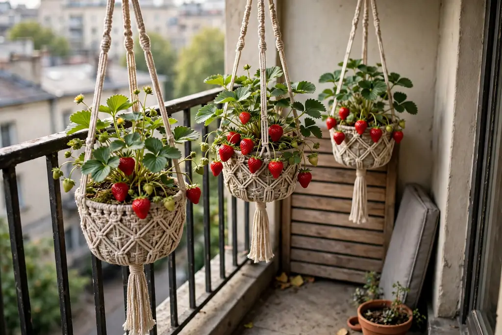 Strawberry plants in hanging planters with red berries on a small balcony.