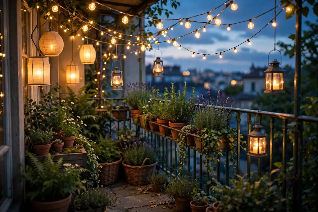 String lights and lanterns glowing over a small balcony garden at dusk.