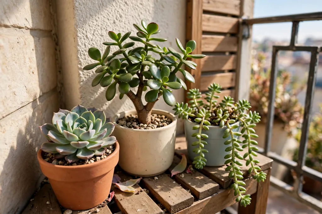 Sunny succulent corner with echeveria, jade plant, and sedum in small pots.
