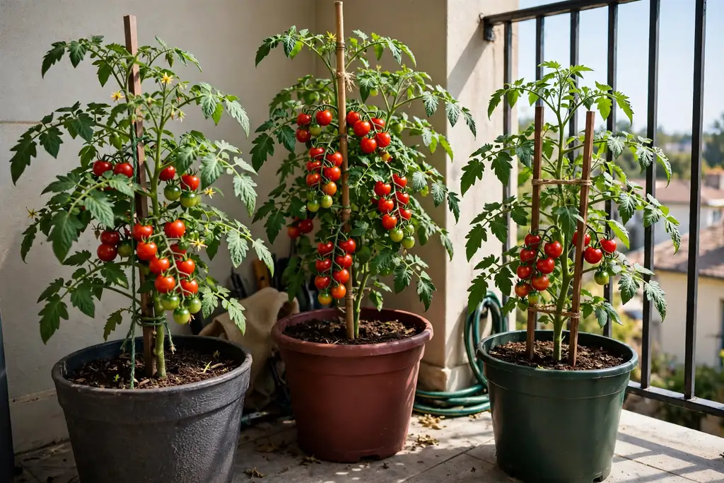 Cherry tomato plants in deep pots with stakes in a sunny balcony corner.