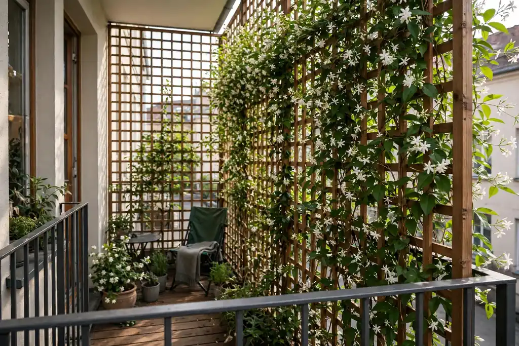 Trellis privacy screen with climbing jasmine on a small balcony.