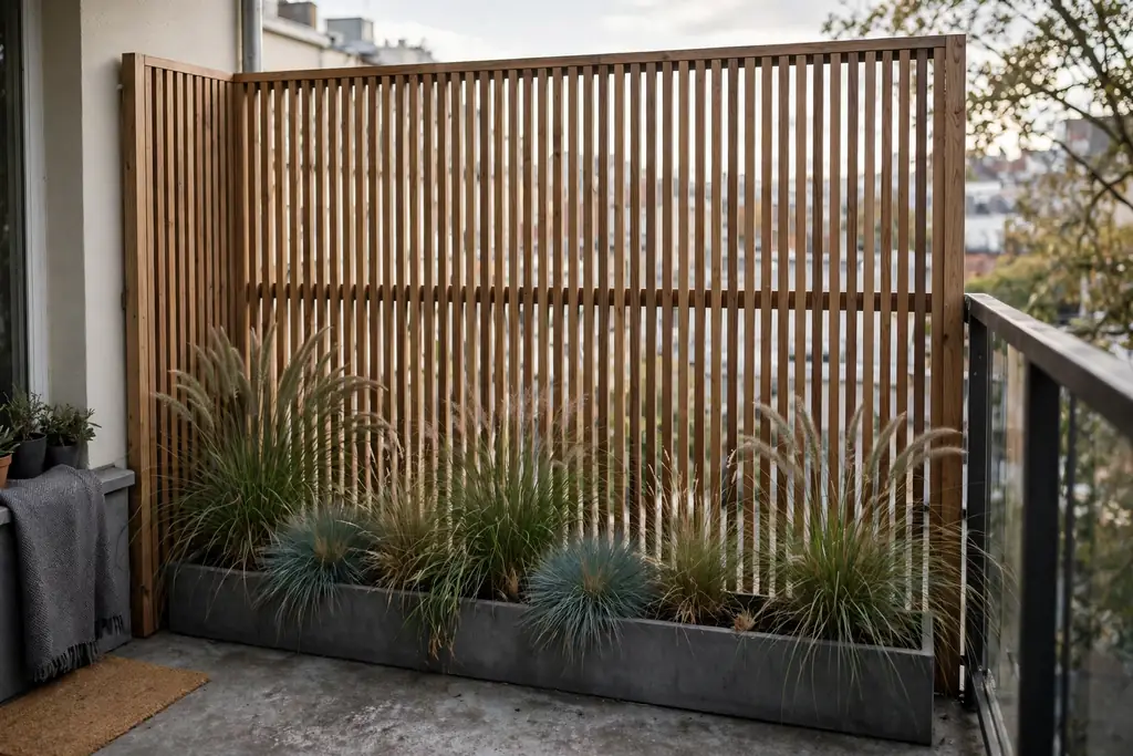 Slatted wind screen with planters of grasses at its base on a small balcony.