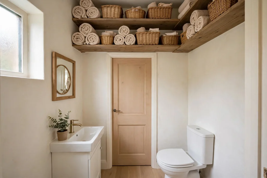 Small bathroom with high open shelves above the door holding towels and baskets.