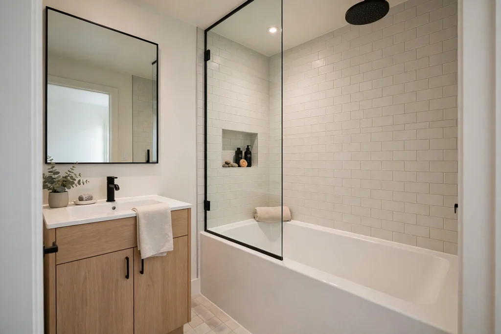 Small bathroom with a compact deep soaking tub and overhead shower.