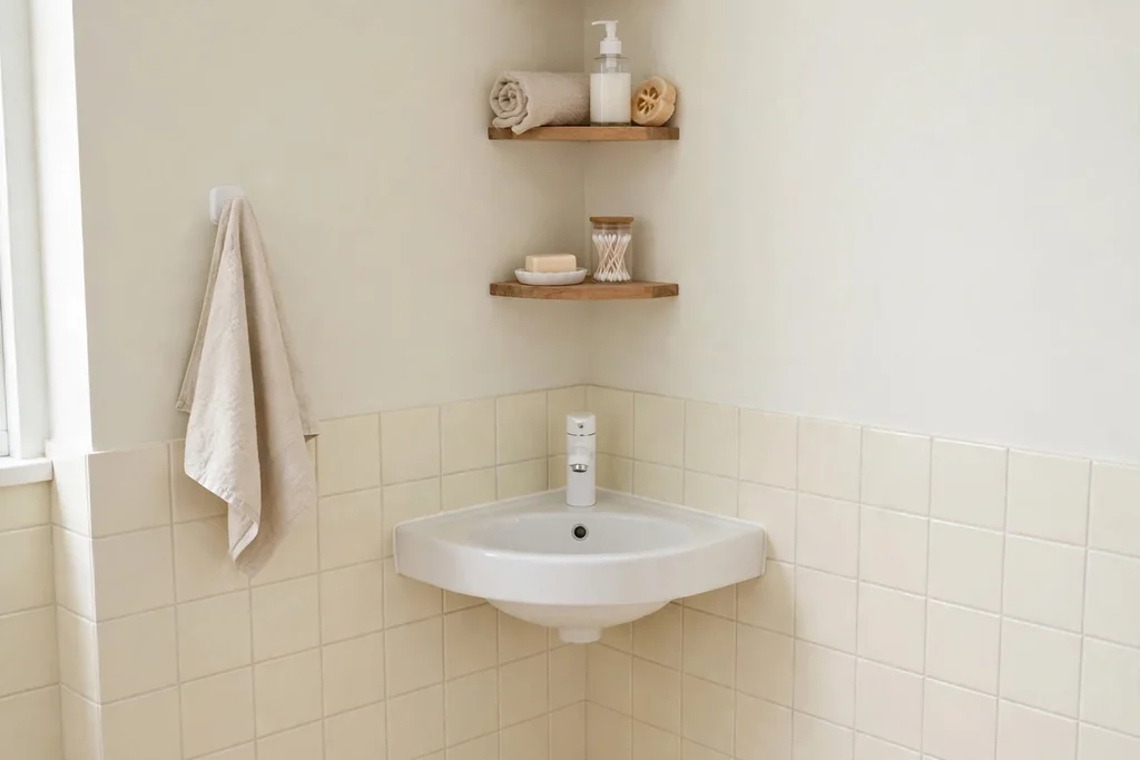 Small bathroom corner with a compact corner sink and small corner shelves.