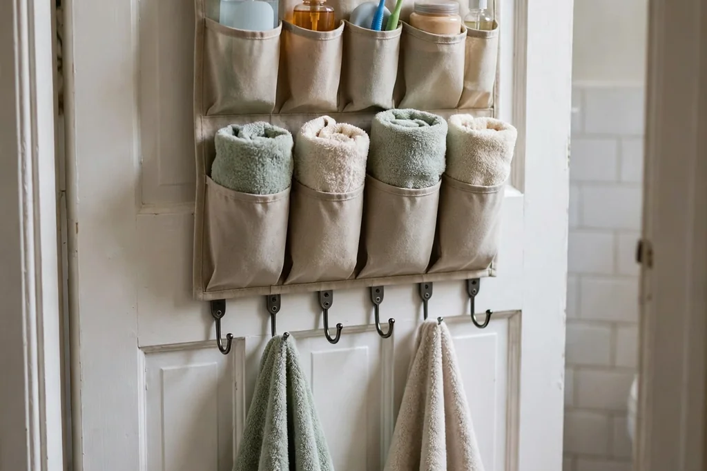 Small bathroom door with hooks and a hanging organizer holding towels.