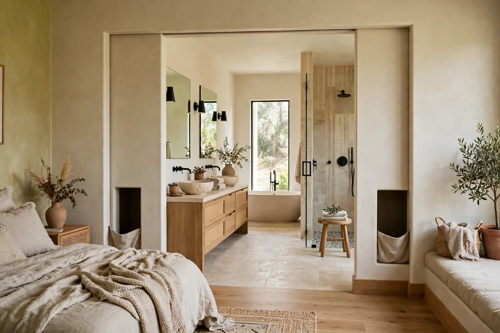 Wide ensuite bathroom opening with double pocket doors slid open into pockets on each side